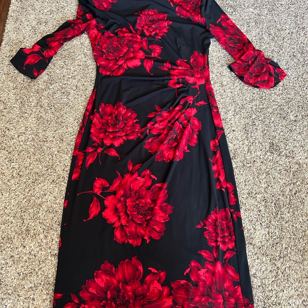 Connected Apparel Red Asymmetrical Sheath Dress with Bishop Sleeves